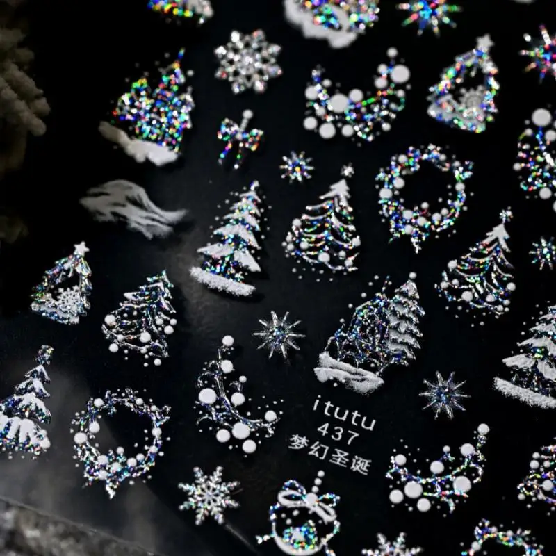 **1PC Christmas Embossed Nails Art Stickers Dreamy Castle Christmas Tree Snowflake Self-Adhesive Manicure Decals Nail Decoration