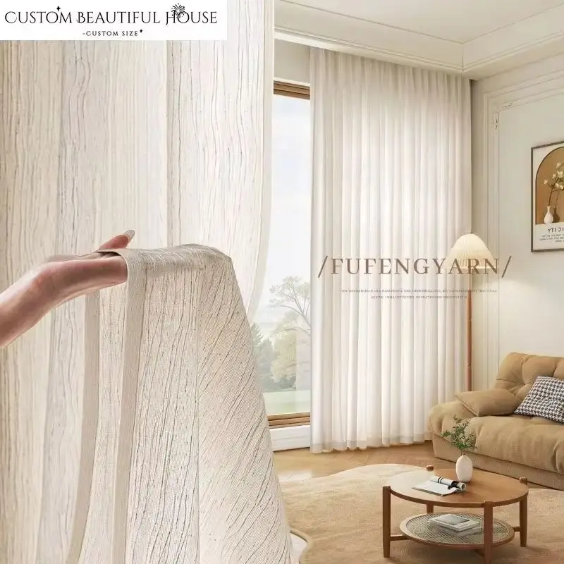Custom Size Fu Feng Gauze Light-impermeable Gauze Retro Linen Curtains for Living Dining Room Bedroom European White Tulle