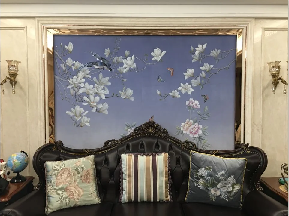 

Customized Hand-Painted Magnolia flowers/birds paintings/Luxury Wallpaper Bedroom/Living/study/Dinning Room Sofa/TV wallcovering