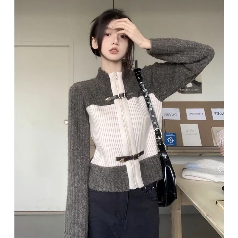 

Women's Golf Clothing Splice Zipper Mock Turtleneck Golf Wear Cardigan Women Golf Coat Autumn Winter Slim Shorts Knit Top 골프웨어여성