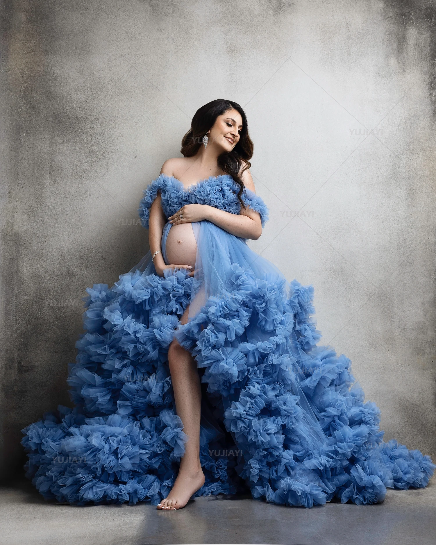 Luxuriöse Umstandskleider für Fotoshooting, Perspektive, transparente Tüll-Robe, lange Damen-Partykleider, flauschige Hochzeit, Brautnachtwäsche