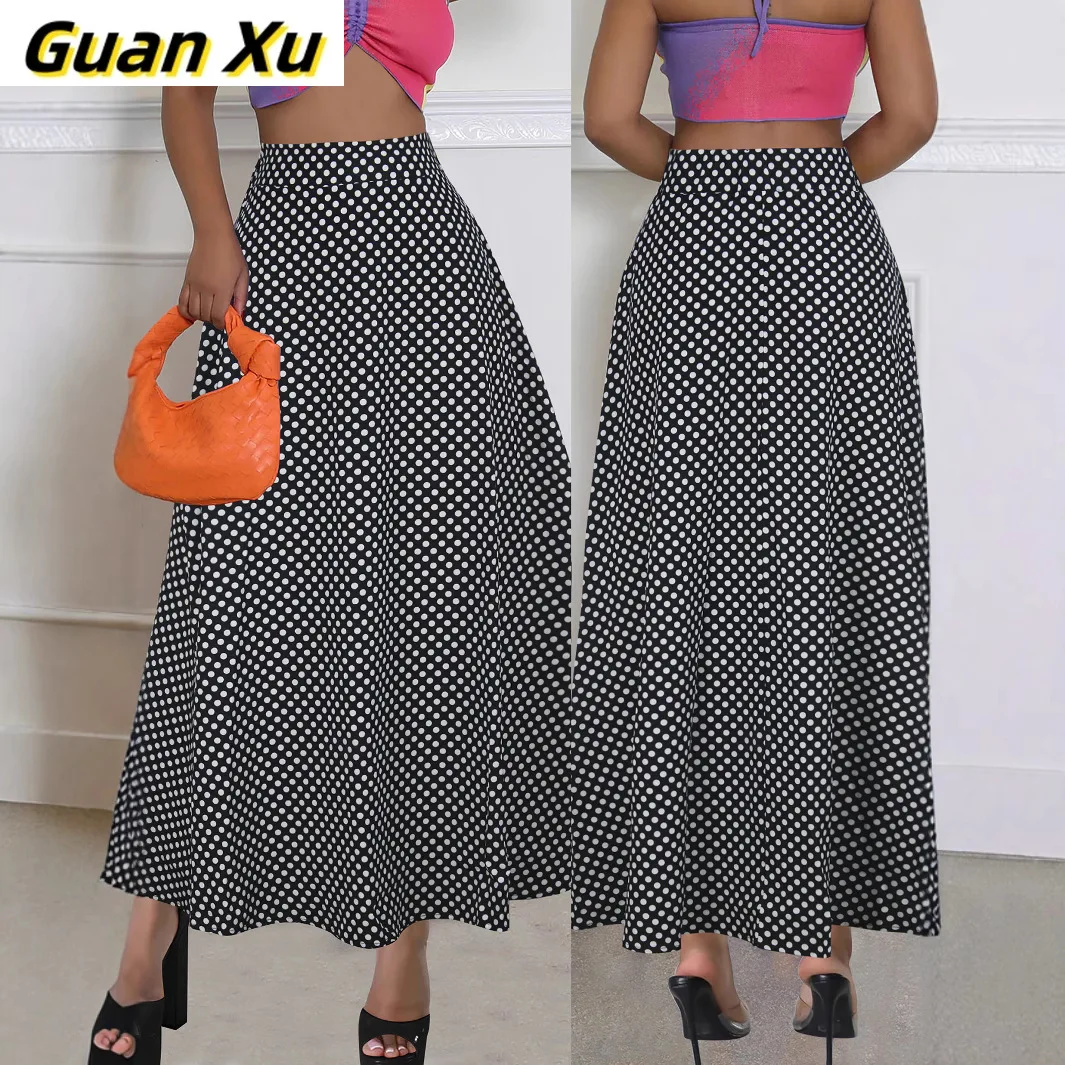 

New European and American women's clothing fashionable and elegant high-waisted A-shaped skirt long casual polka dot skirt