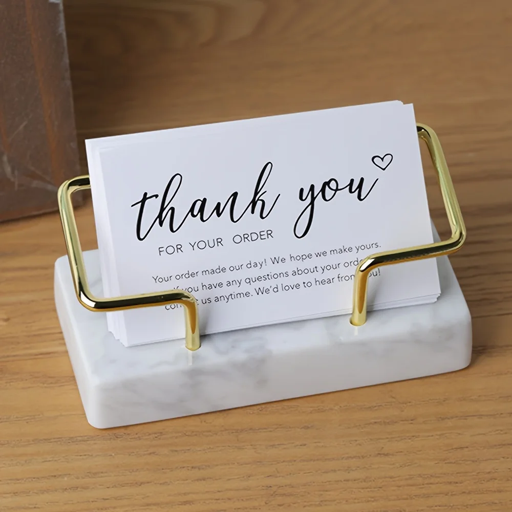 Marble Business Card Holder Marble Desktop Organizer Golden Metal Frame Double-Slot Business Card Organizer for Office Reception