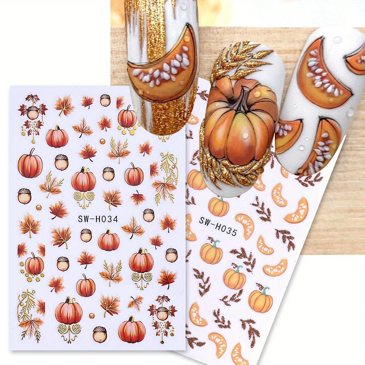 2pcs Glitter Autumn Pumpkin Maple Leaves Nail Stickers Metal Gold Fall Pine Cones Adhesive Decals Painting Foils Manicure Deco