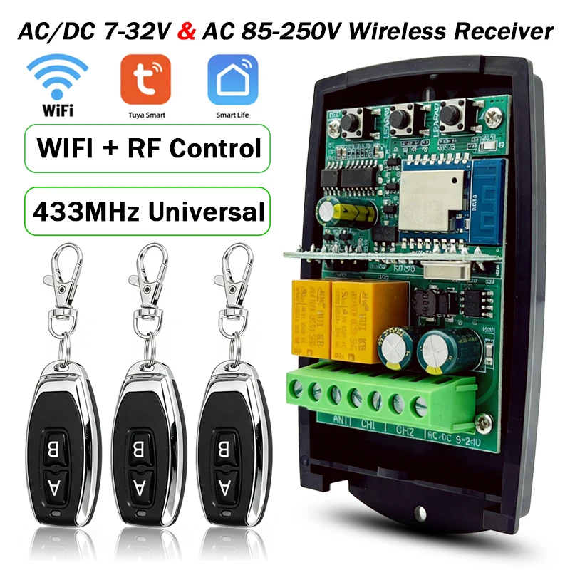 

New Universal Tuya 433MHz Wifi Smart Switch Module 2CH Relay 433.92MHz Fixed / Rolling Code Garage/Gate Remote Control Receiver