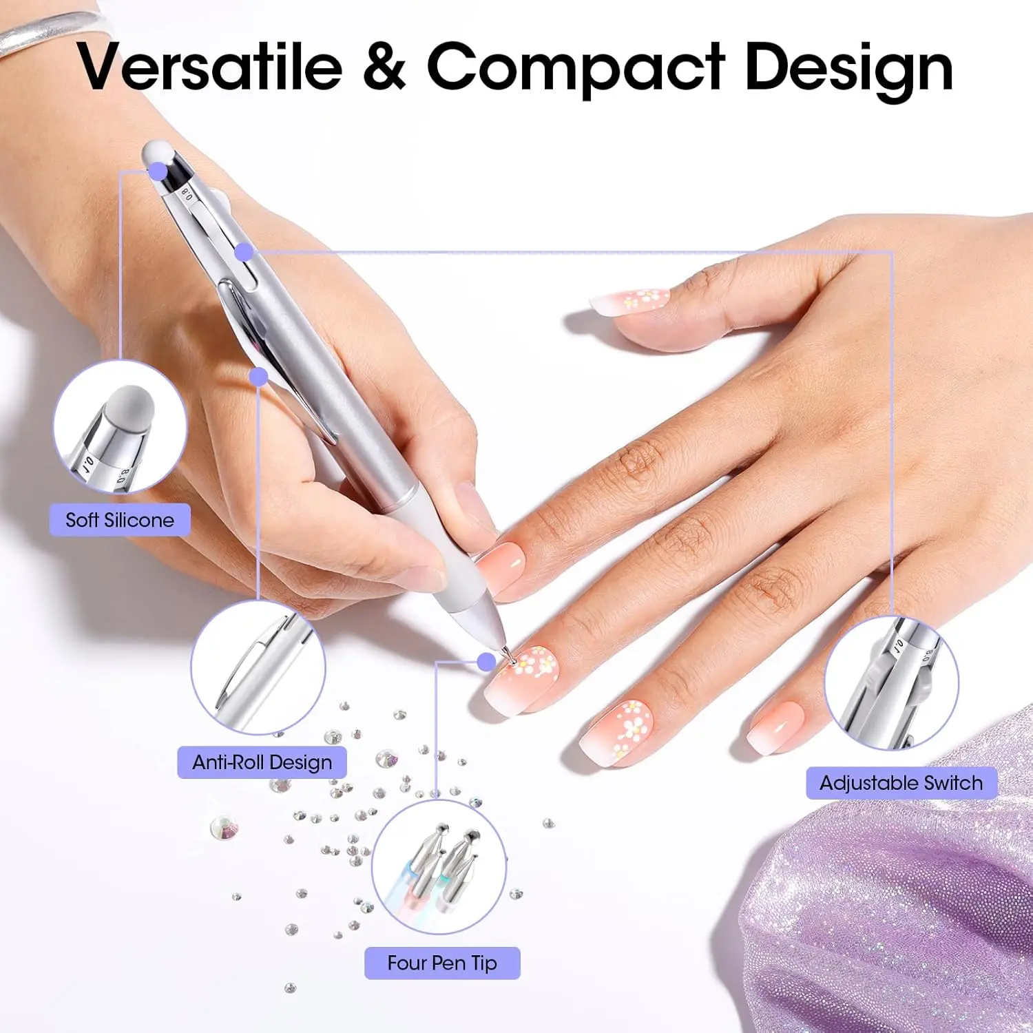 5-in-1 Nail Art Dotting Pen Press-Type Multi-Headed Nail Art Tools for Wave Point/Smudge/Wire-Drawn/Spot Drill & Dusting Powder*