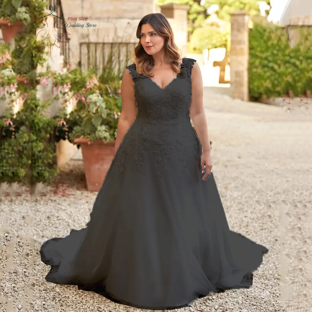Aangepaste ivoor trouwjurken plus size v-hals mouwloze bruidsjurken vrouw applicaties sweep trein a-lijn vestidos de novia - afbeelding 1