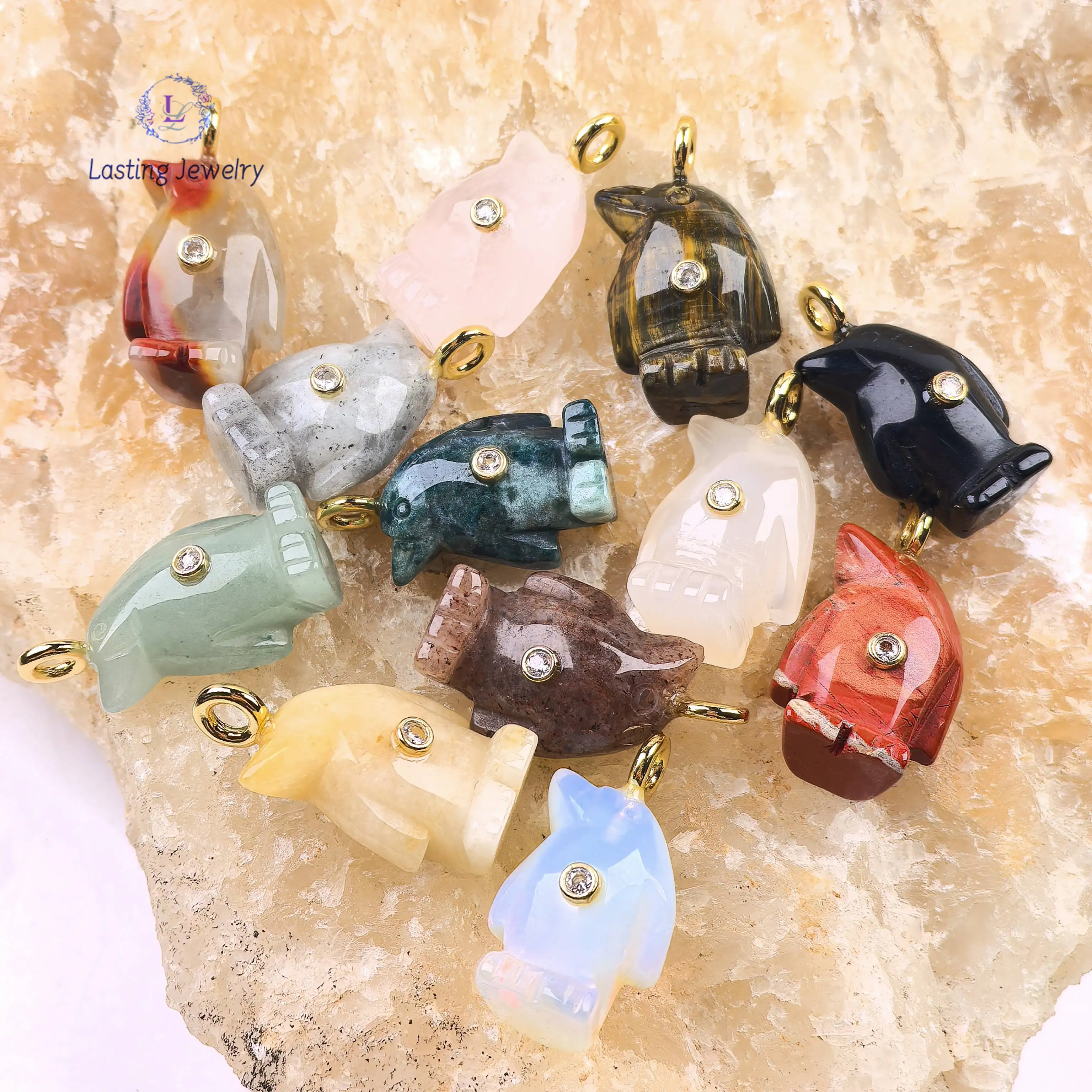 Carved Gemstone Penguin Pendants With Inlaid Zircon Reiki Crystal Quartz Aventurine Opal Animals Charms Necklace Jewelry Making