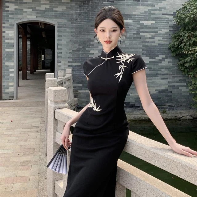 

Chinese Style Cheongsams Improved Chinese Dresses Qipao Lady Vintage Black Vestidos Mandarin Collar Qipao Black Cheongsam