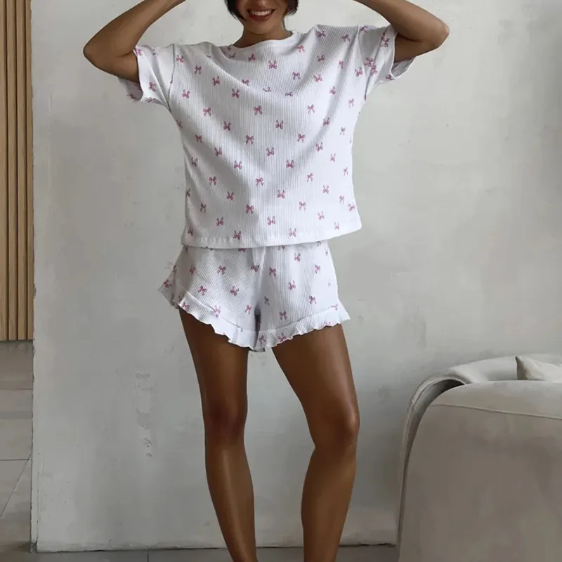2026 New Summer Women Bow Print Pajamas Set Short Sleeve Shorts Waffle Textured Ruffle Hem Home Wear Loungewear