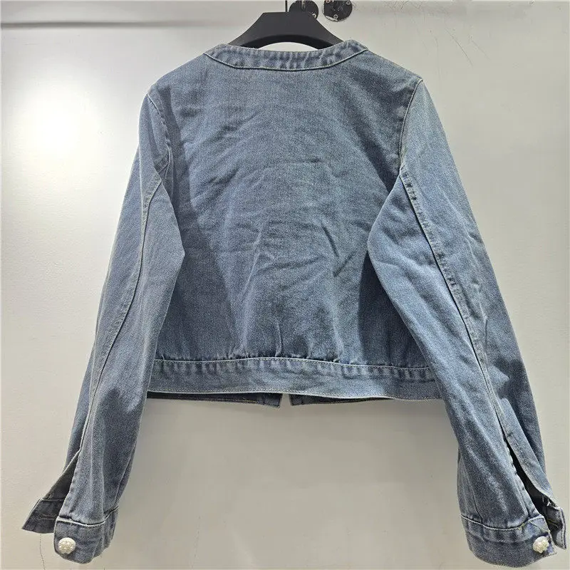 Spring Autumn New Korean Bow Decoration Blue Short Denim Jacket Round Neck Single-Breasted Long Sleeve Female Jeans Jacket Coat