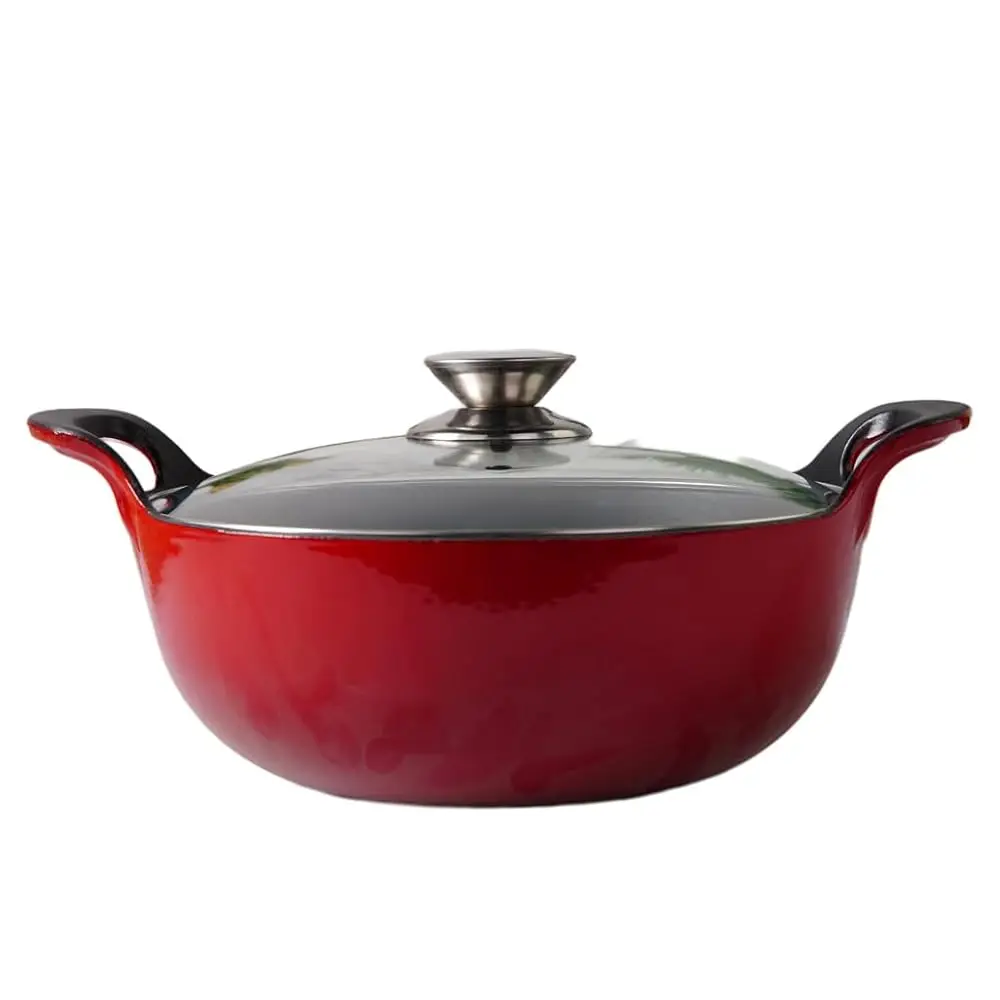 Enameled Cast Iron Balti Dish Pot (Red) with Glass Lid, 3 Quart Medium Casserole Dish, Nonstick Handi Kadai Indian, Asian Wok