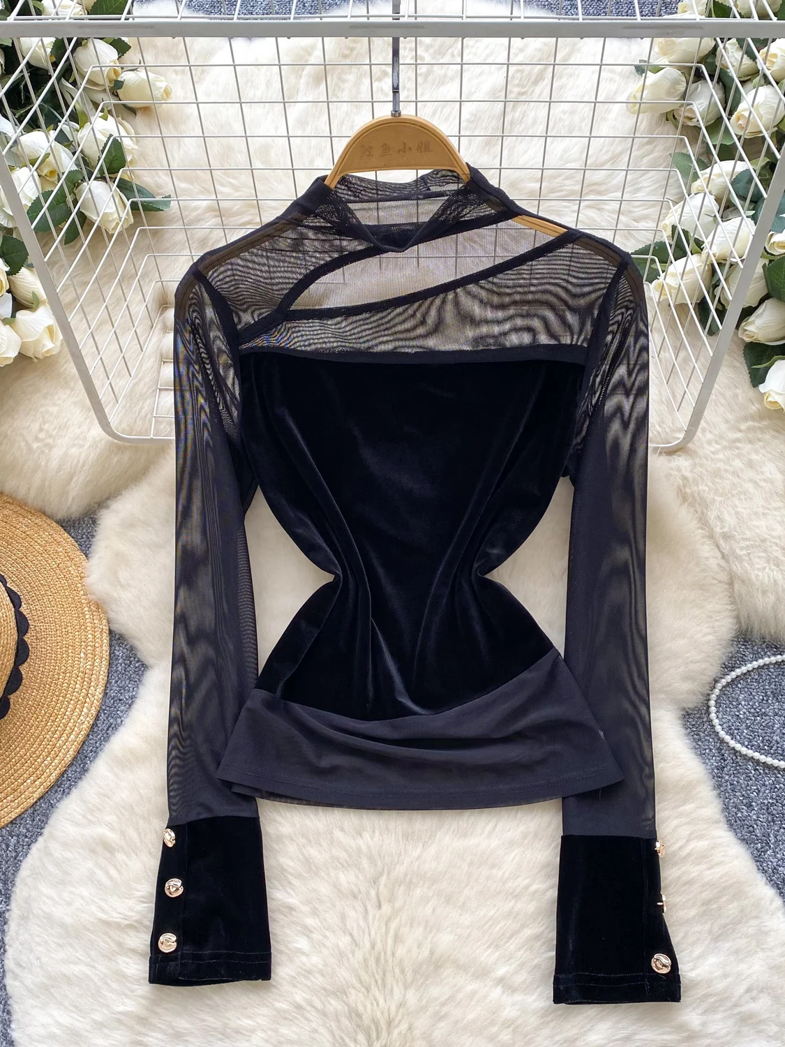 

Women Black Gothic Velvet Shirts and Blouses Vintage Y2k Aesthetic 2000s Long Sleeve Perspective Mesh Shirt Clothes Autumn 2025