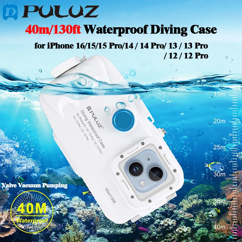 

PULUZ New 40m 130ft Waterproof Diving Case for iPhone 16/15/15 Pro/14/14 Pro/13/13 Pro/12/12 Pro with One-way Valve Video Taking
