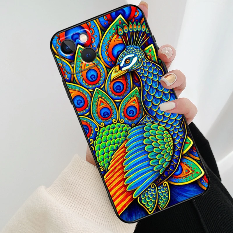 Bird Peacock Feather Phone Case For iPhone 13 14 15 16 Pro Max 11 12 XS XR X Plus Shockproof Bumper Soft Cover