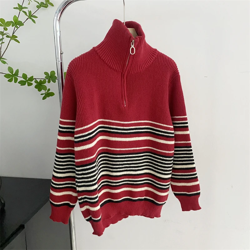 Maillard Vintage Half-pull Chain Pattern Stand Up Collar Sweater Women's Autumn and Winter Fashion Knitted Pullover Thickened