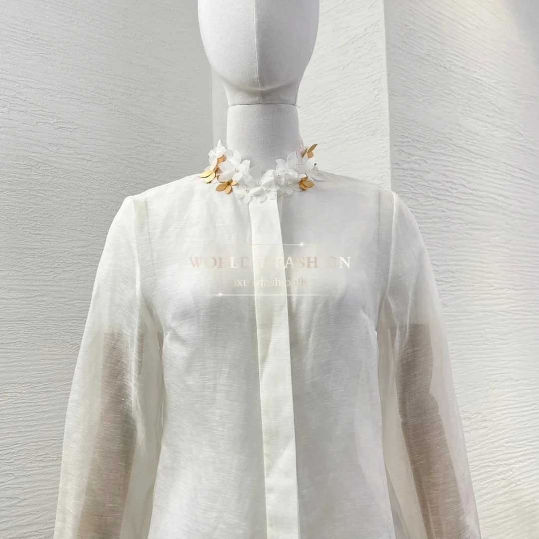 

Linen and Silk 2025 High Quality White Long Sleeve Flowers Appliqued Blouse Tops