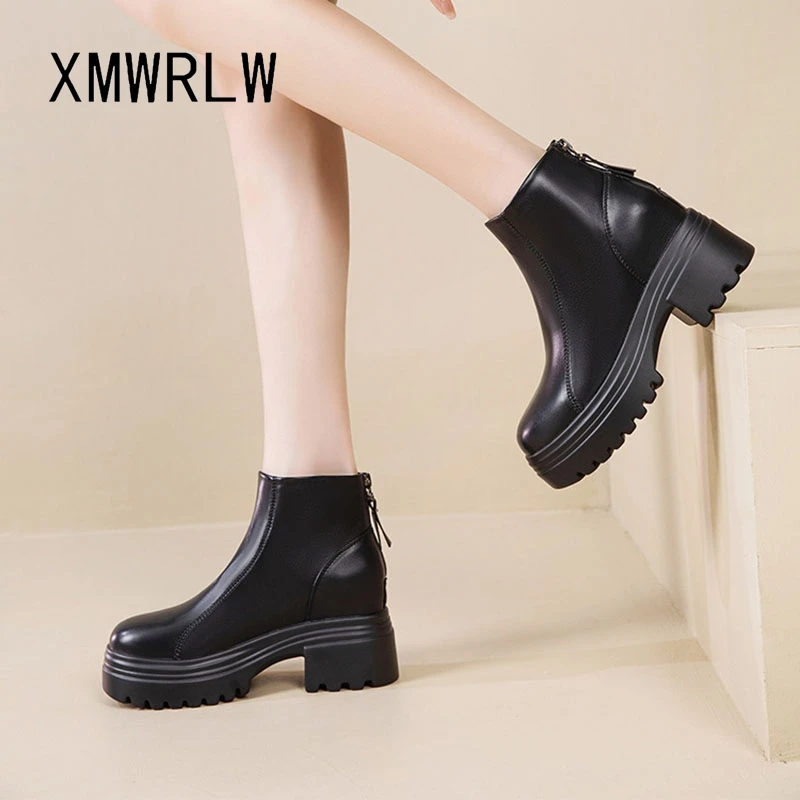 

XMWRLW Кожаные ботильоны для женщин Осенне-зимняя обувь Модные женские ботильоны на высоком каблуке 9 см Теплые плюшевые женские зимние ботинки