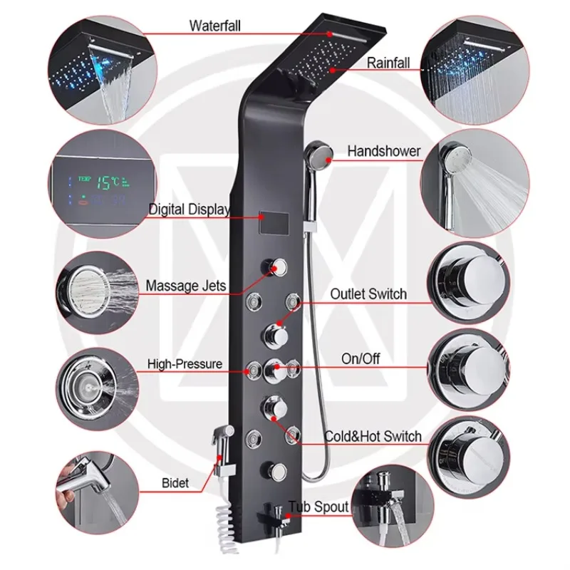 

A Hot Sale Black Color Thermostatic Led Stainless Steel Wall Mounted Bathroom Shower Panels