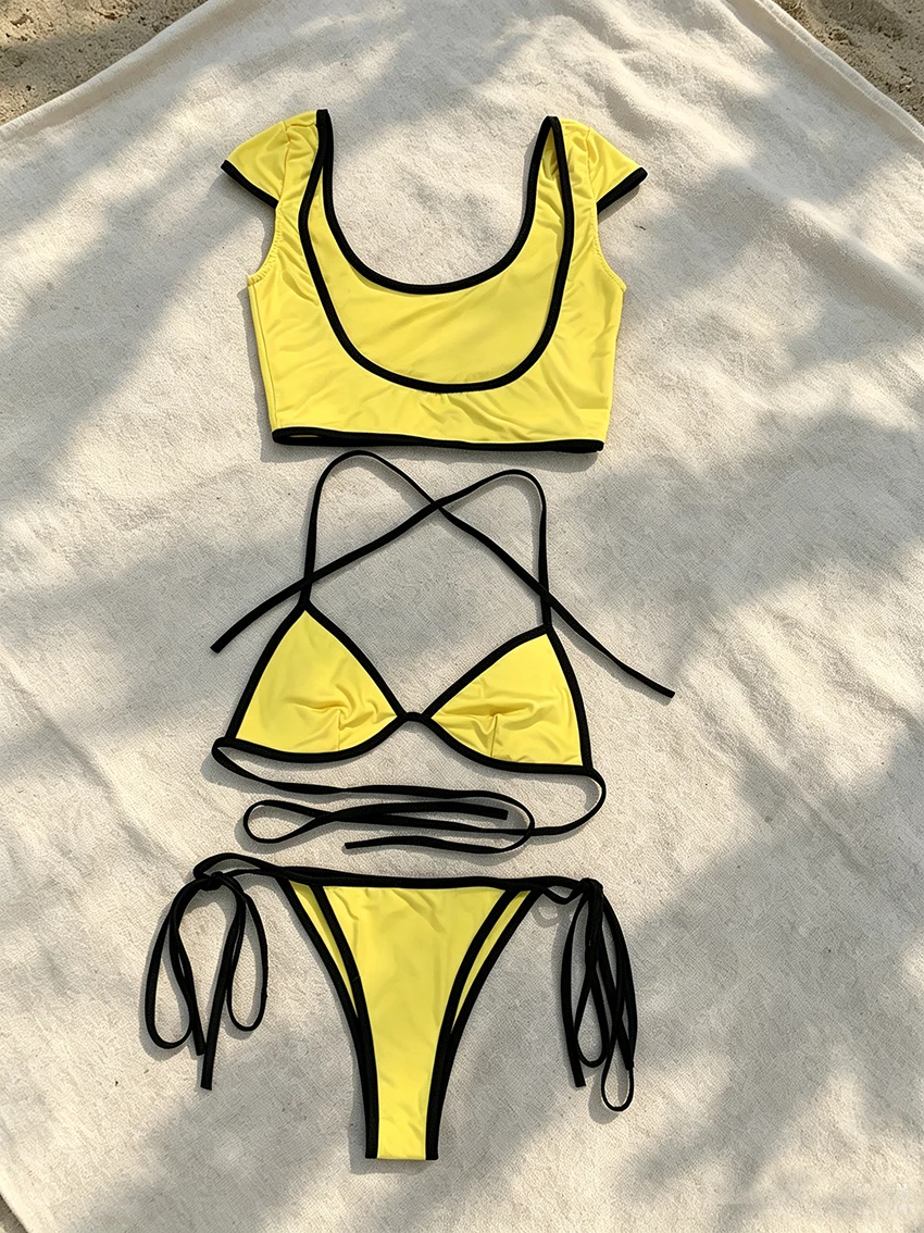 Y2K Gelb-Schwarz Verzierter 3-Teiliger Badeanzug, Neckholder-Bikini, Kurzarm-Crop-Top, Unterteil mit Bindeband, Sommer-Strandparty-Badeanzug für Damen – Detail 2