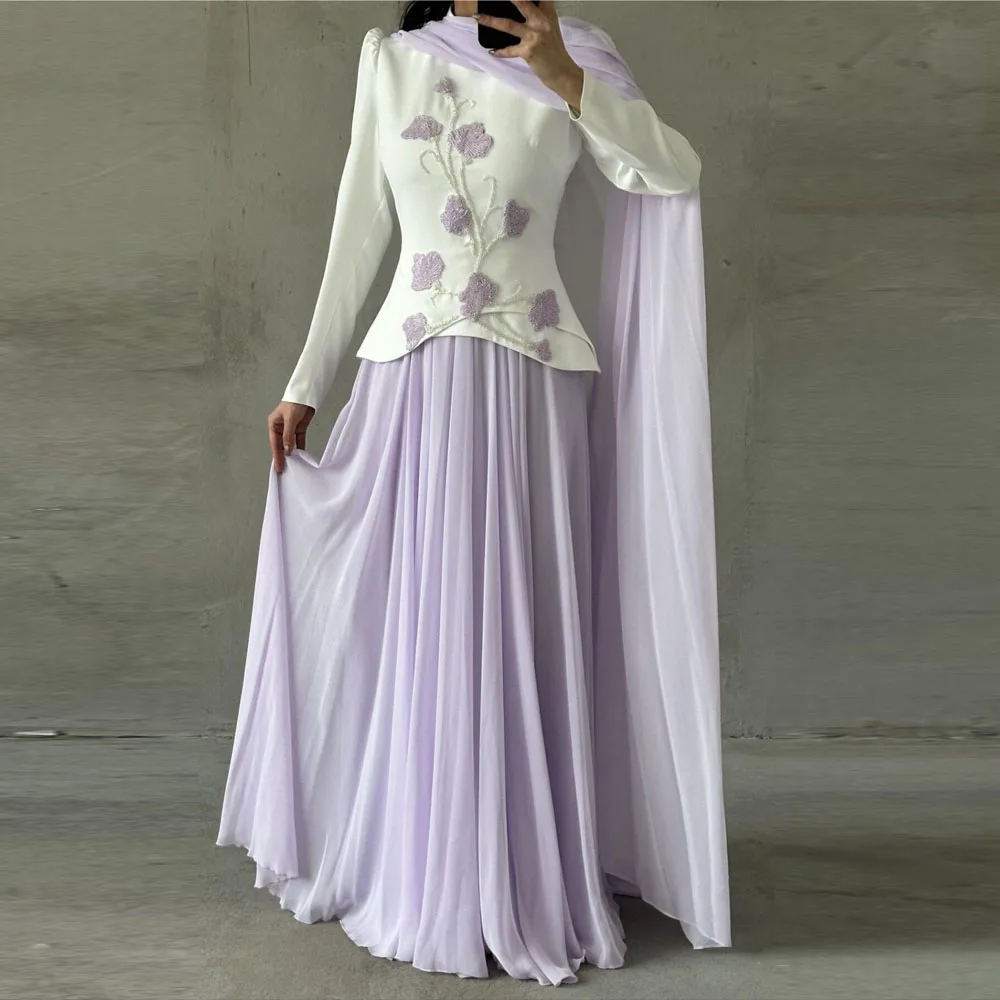 Maßgeschneidertes Perlen-Stickerei Hochzeitsgast-Maxikleid Chiffon A-Linie Muslimisches Abendkleid Kontrastfarben Peplum-Kleider