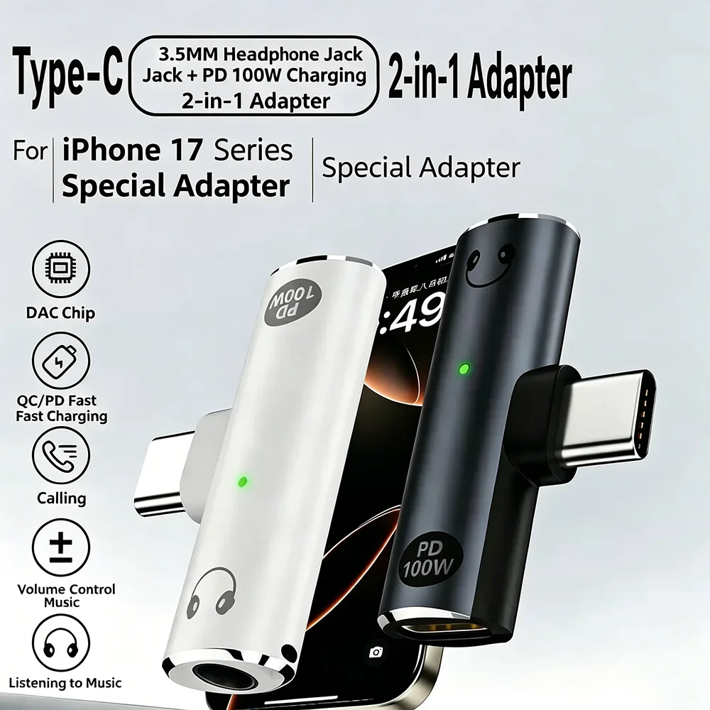 Type C to Aux Audio Jack with PD 100W Fast Charging Dongle USB C to 3.5mm Headphone and Charger 2 in 1 Adapter for Laptop Mobile