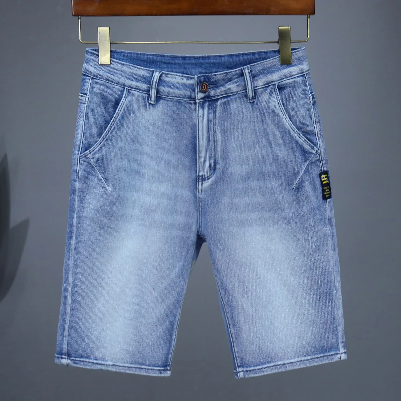 

Light Blue Elastic Denim Shorts Men's Summer Thin Fashion Straight Jeans Cool Comfortable Knee Length Korean Simple Casual Pants