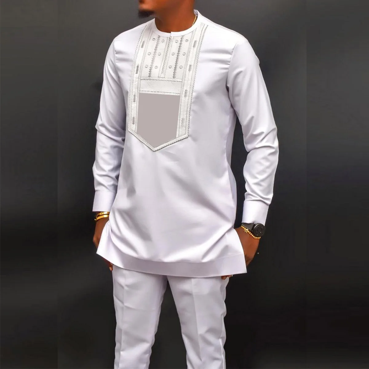 New white embroidered 2 piece shirt pants suit Long sleeves elegant African ethnic style suit gown Abaya men's clothing