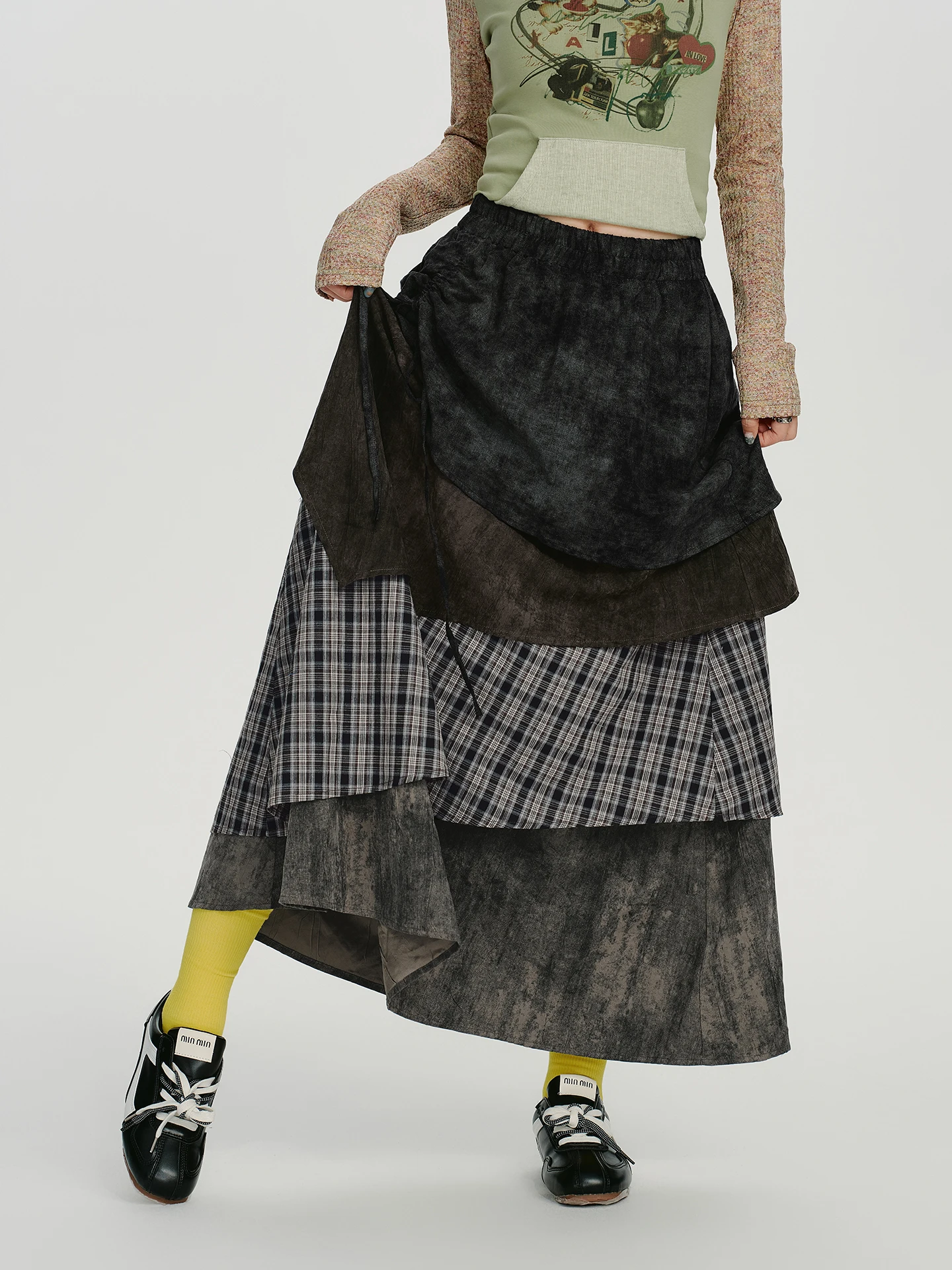 Girlyhalo American Retro Plaid Multi-layer Cake Skirt Women's Autumn New Design Sensation Small Audience Long Skirt