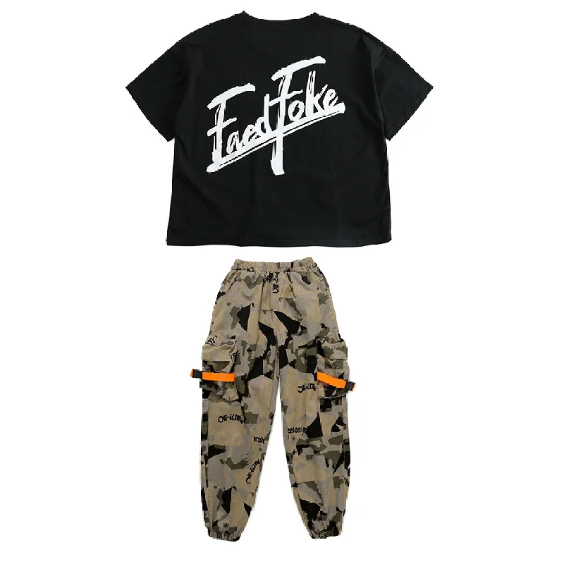 Boys Hip Hop Top Girls Camouflage Cargo Pant Outfits Child Military Jogger Street Dance Kids Streetwear Costumes Teen Sport Wear