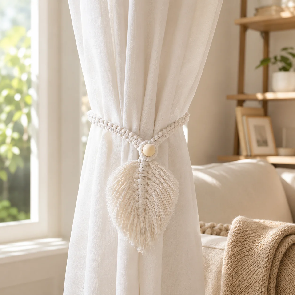 1Pcs Macrame Leaf Curtain Tiebacks, Cotton Rope Curtain Tie Backs with Wooden Bead, Boho Decorative Curtain Holdbacks for Window
