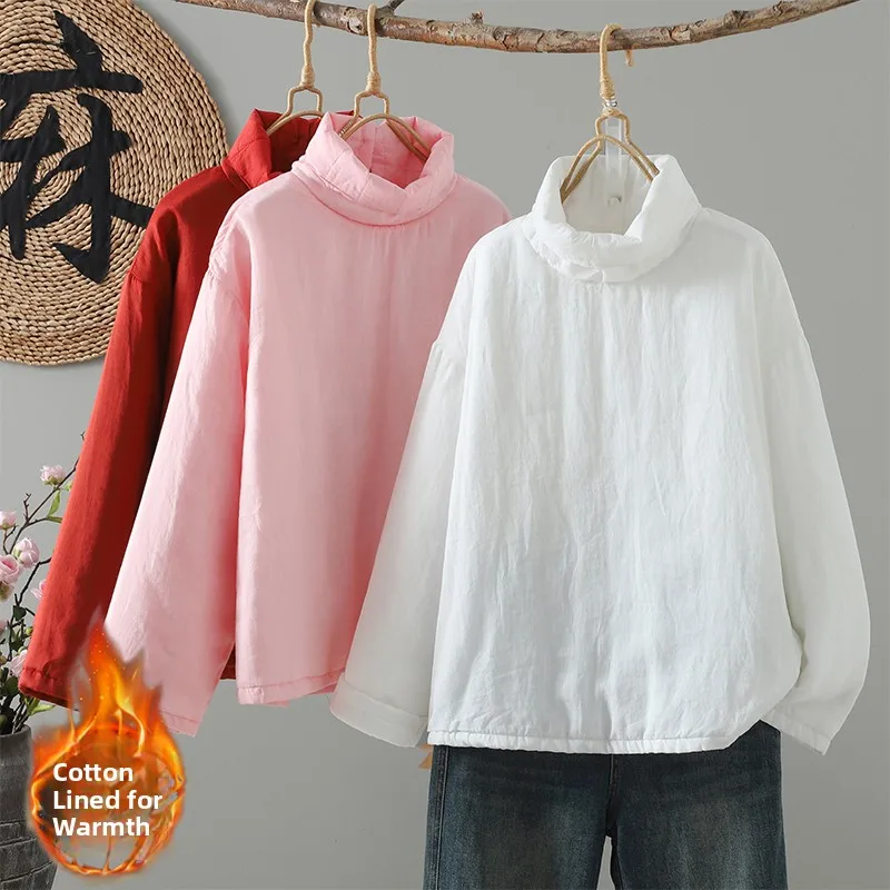 

Льняное хлопковое пальто свободного кроя с длинными рукавами, утепленное, однотонное, больших размеров, для повседневной носки