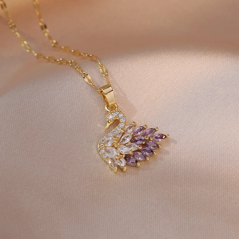 Classic Design Swan Zircon Pendant Necklaces For Women Girls Animal Pink Crystal Charms Stainless Steel Choker Jewelry - Image 2