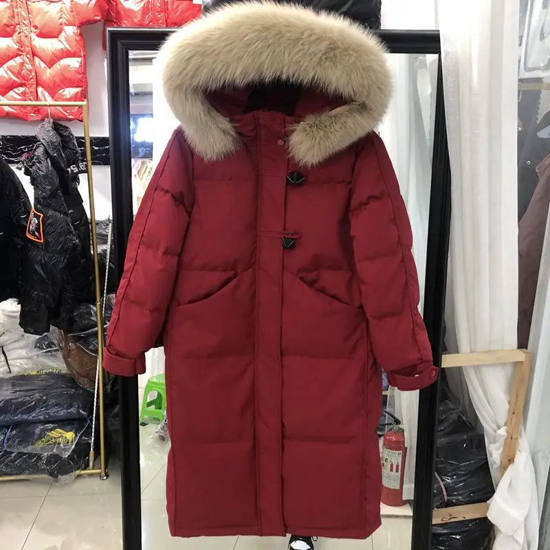 European Winter New Women Down Jacket with Medium Length Large Fur Collar Hooded White Duck Down Jacket Parkas