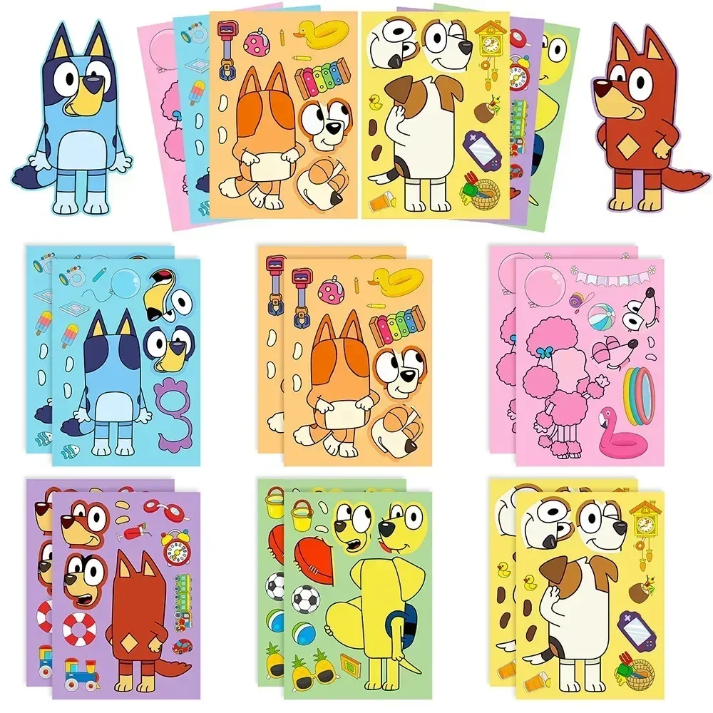 Pegatinas de dibujos animados de la familia Bluey para niños, pegatinas de rompecabezas de dibujos animados bonitos, pegatinas de manual de Color DIY, pegatina de Animal educativo, regalo de juguete, 30/60 piezas