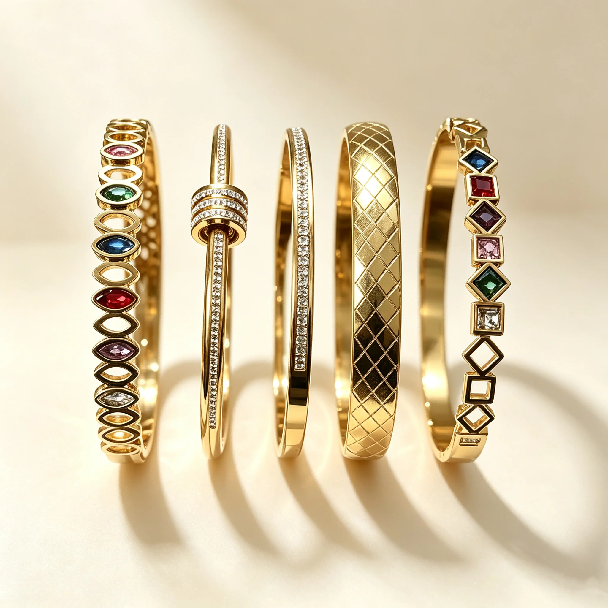 5pcs Set Fashionable Stainless Steel Stackable Bracelets 18K Gold Plated Women's Bracelets Sparkling Color Diamond Bracelets