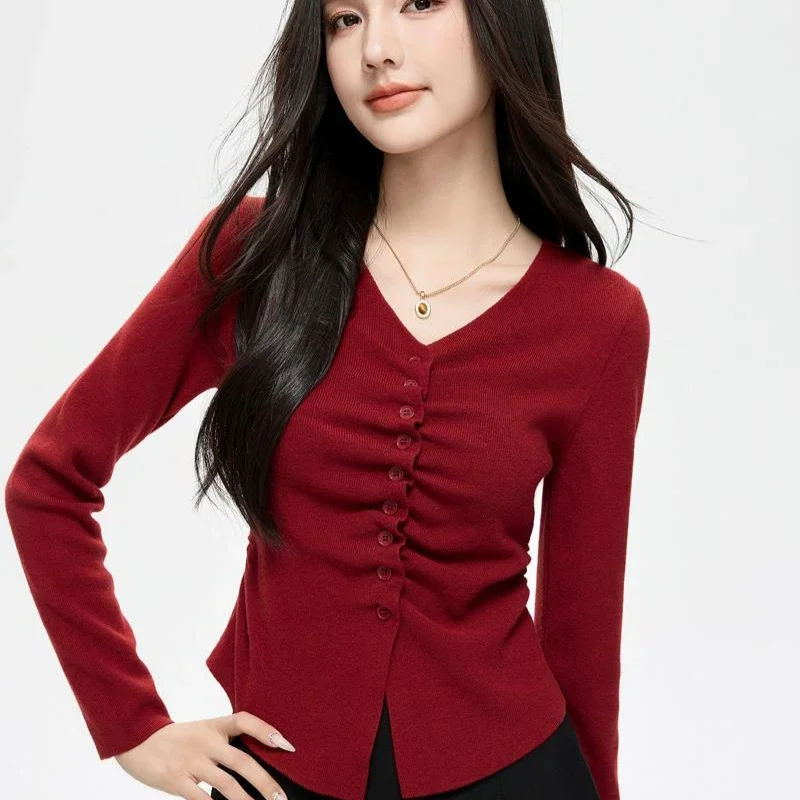 2024 Autumn/Winter New Red V-Neck Knit Sweater for Women Korean Fashion Slim Long Sleeve Pleated Ladies Tops Blouse Corset Top