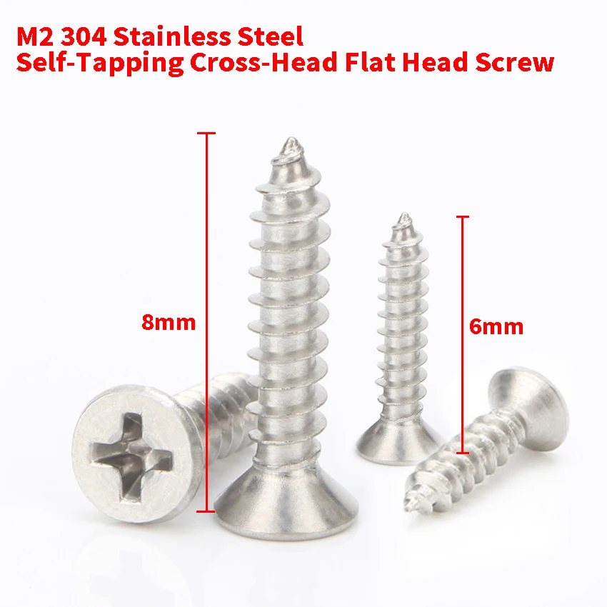1000pcs M2 304 Stainless Steel Cross Recessed Countersunk Head Security Self-tapping Wood Screw