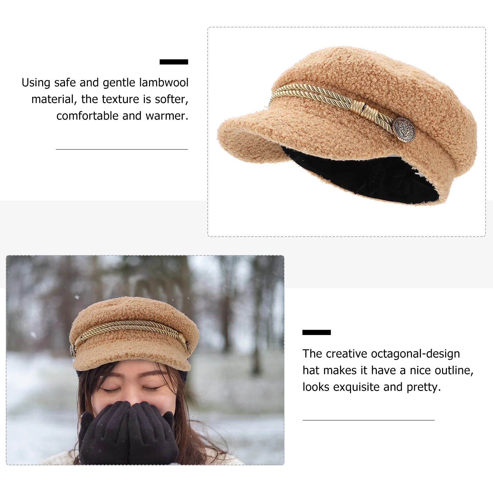 

1Pcs Warm Octagonal Hat Soft Breathable Women Outdoor Casual Stylish Winter Hat Fashionable All-Match Decorative Cap