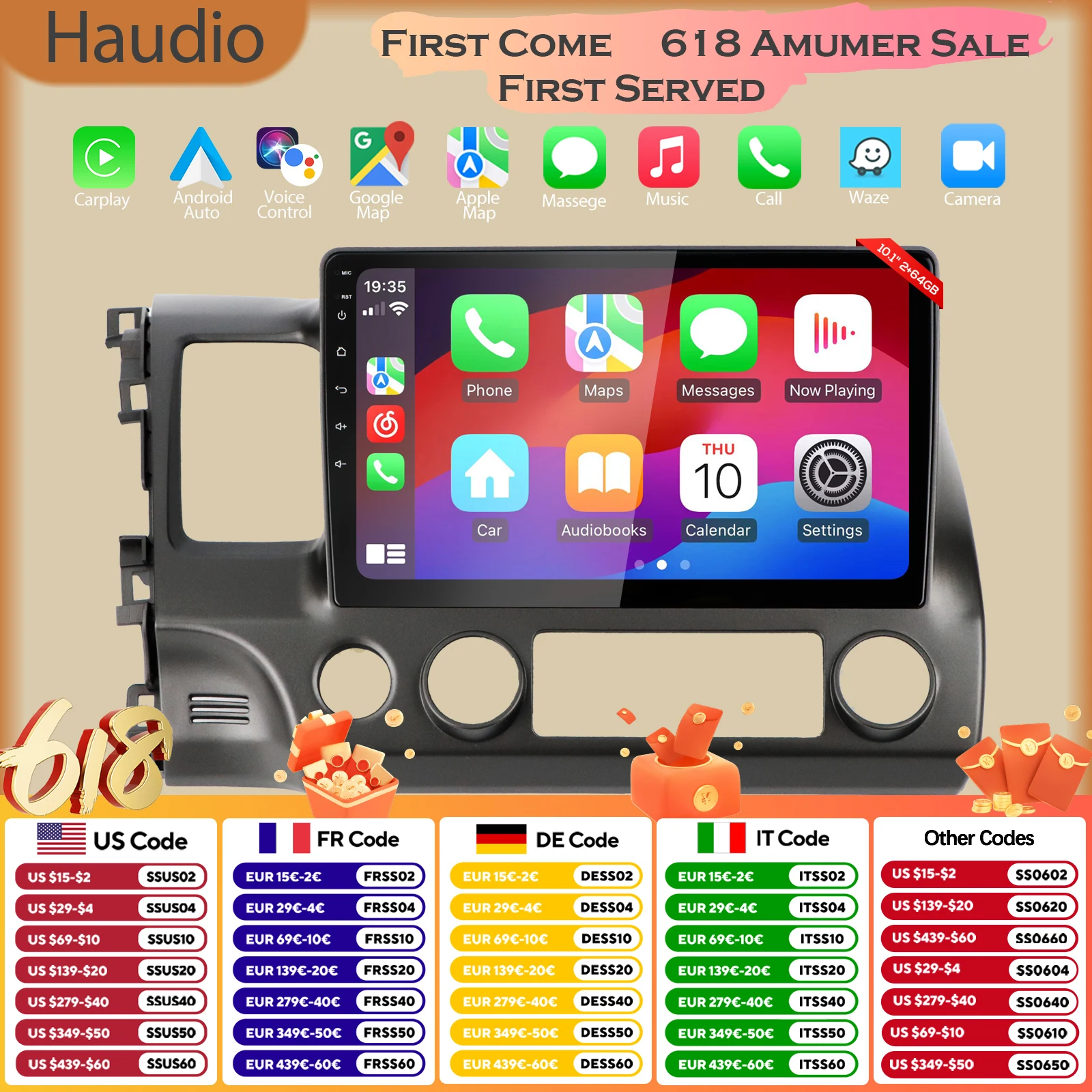 

Haudio Double Din Car Stereo for Honda Civic 2006-2011-10.1" Car Radio with Wireless CarPlay/Android Auto/Backup Camera/GPS