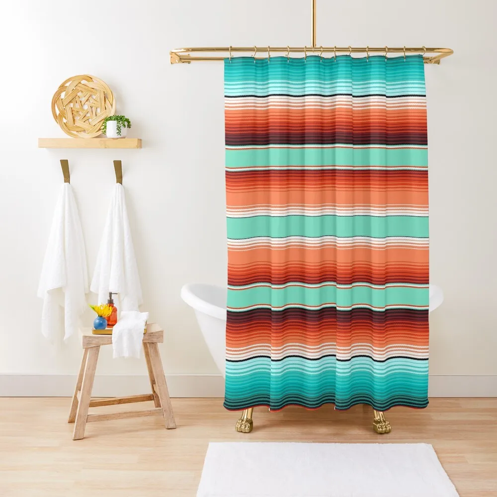 

Teal Turquoise and Burnt Orange Southwest Serape Blanket Stripes Shower Curtain Luxury Bathroom Curtain