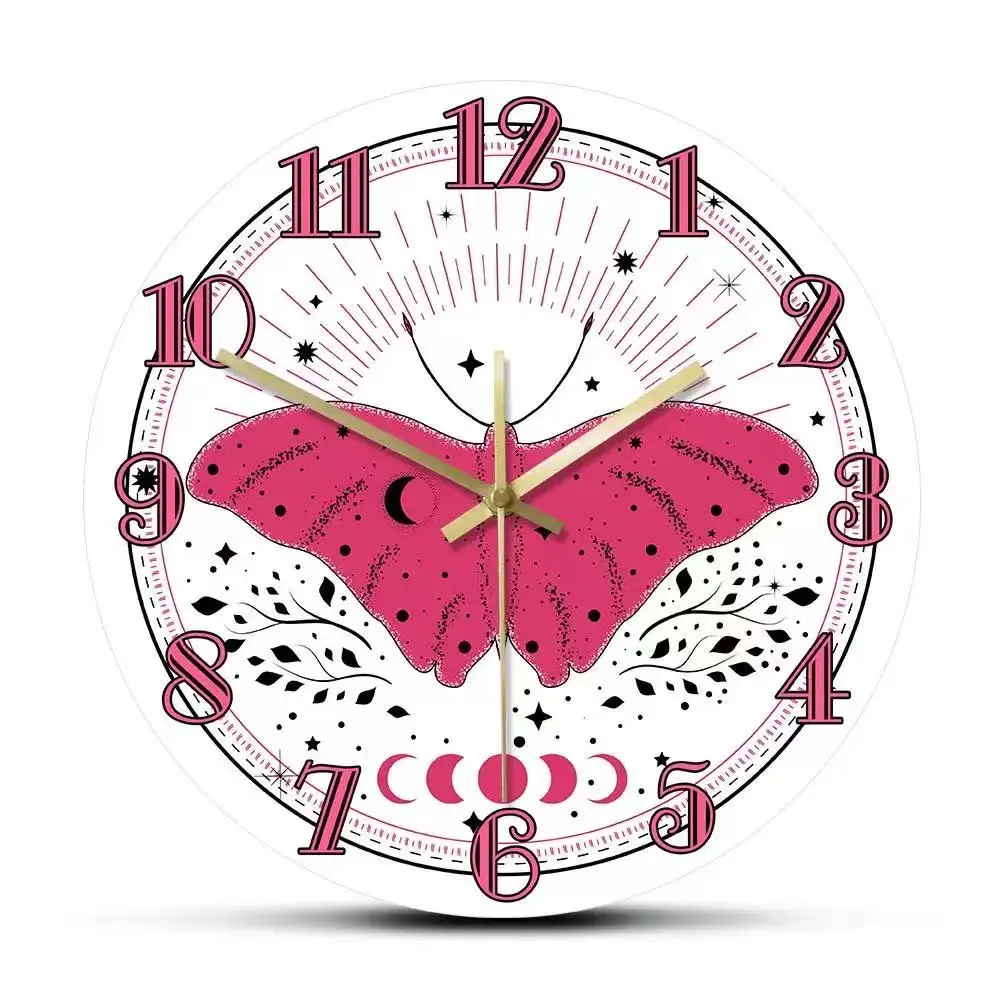Pink Butterfly Moth Wall Clock Moon Phase Mystic Celestial Silent Quartz Watch Girls Bedroom Living Room Decor Witchy Gift