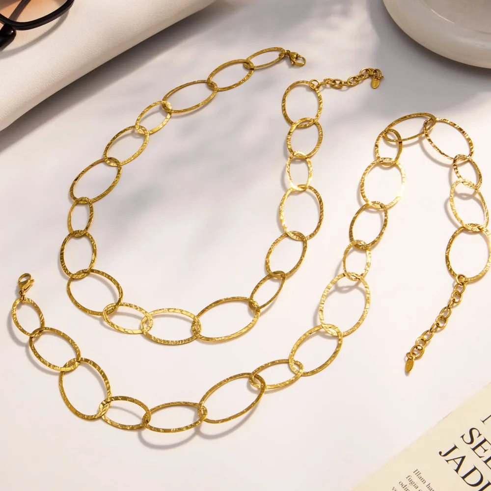 Colar de aço inoxidável pulseira brincos para mulher 18k banhado a ouro corrente oval colares pulseiras balançar brinco conjunto de jóias