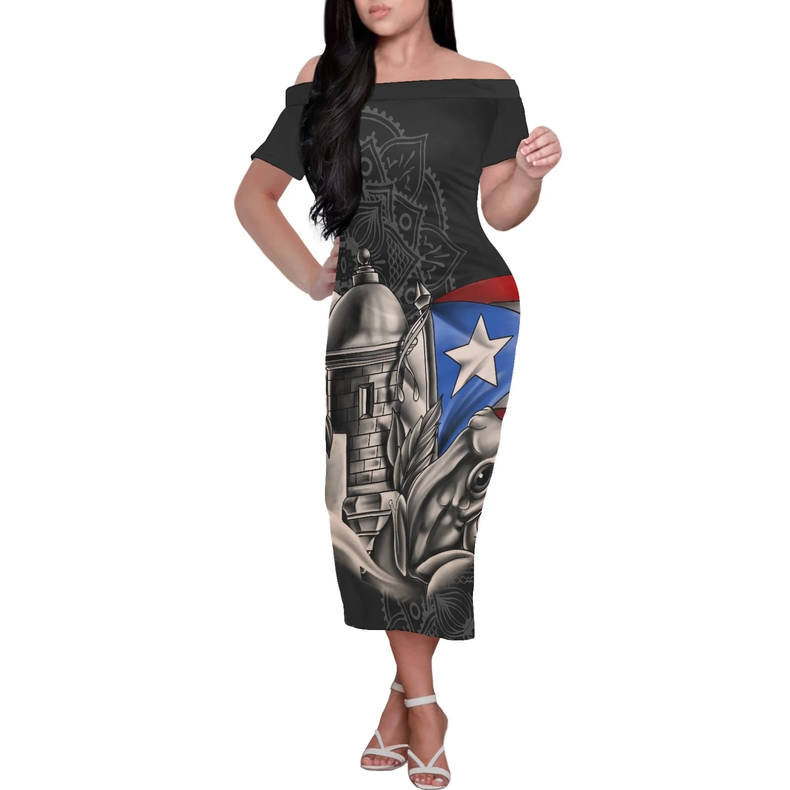 

Custom Puerto Rico Summer Off-the-shoulder Short Sleeve Knee-length Skirt Print Skirt Sexy Women's Evening Dress