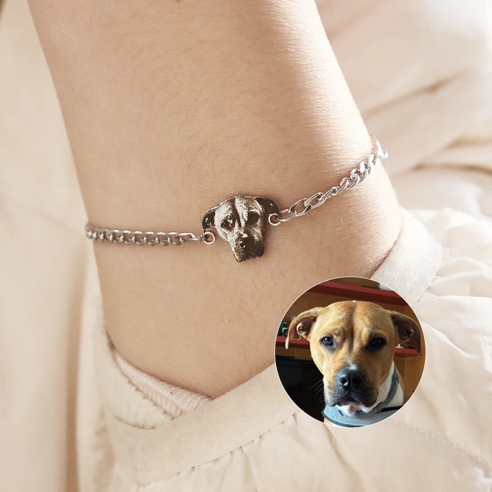 Custom Pet Dog Portrait Bracelet Stainless Steel Engraved Cat Portrait Cat Paw Print Pet Jewelry Pet Loss Gift Pet Gifts