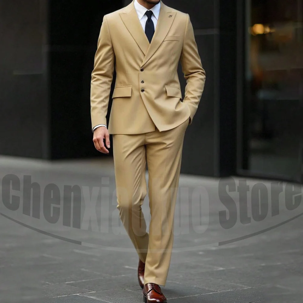 

Men's Khaki Single Breasted Suit Set Slim Fit Blazer and Trousers Elegant Formal Outfits Wedding Business Casual Male Suit