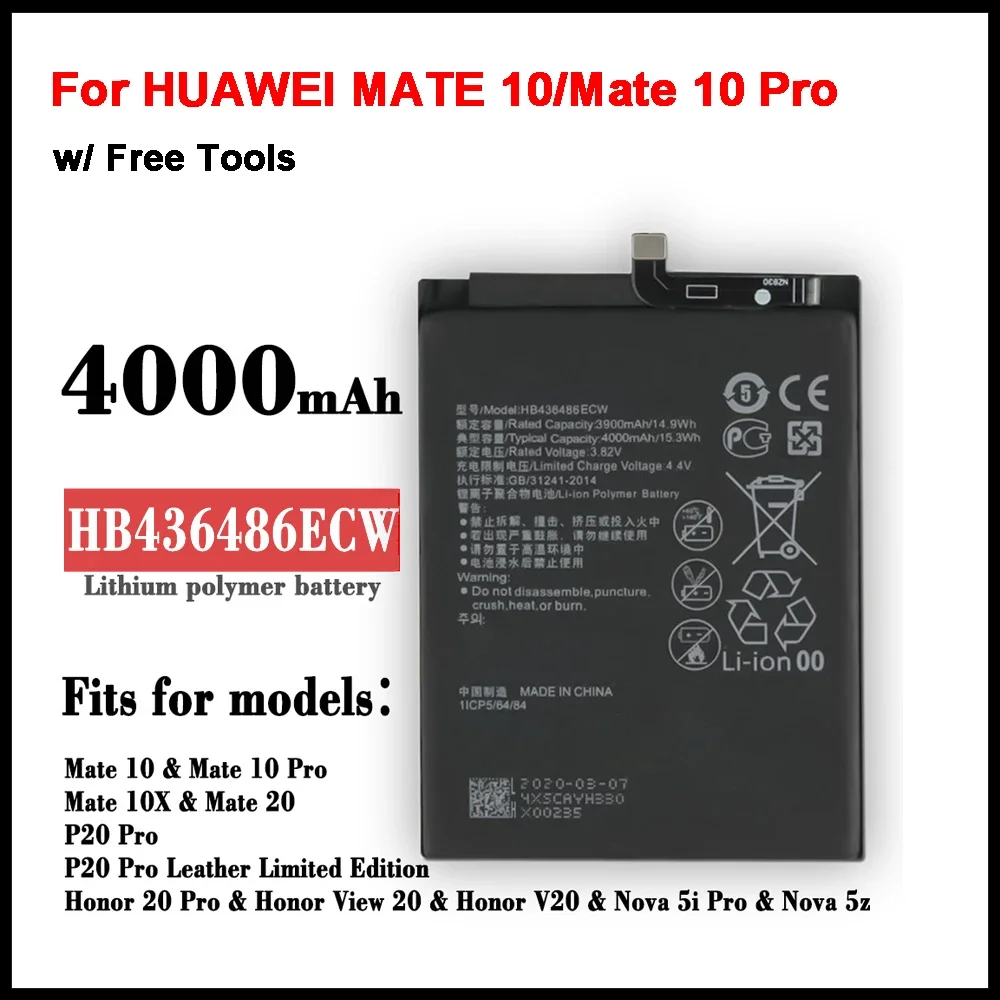 4000mAh HB436486ECW Battery for HUAWEI MATE 10/Mate 10 Pro/P20 Pro AL00 L09 L29 TL00/Mate 20/Mate 20 pro/Honor V20/Mate X