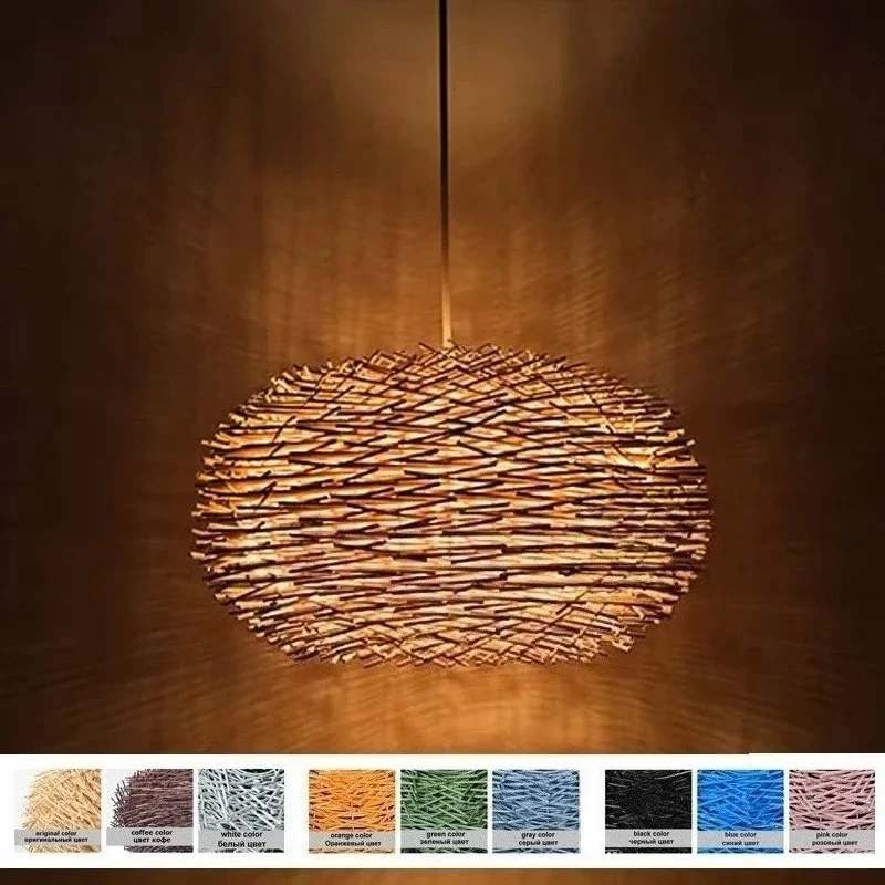 Bird Nest Pendant Lamp Rattan Wicker Wood Handmade Suspension Light Hotel Cafe Living Dining Room Hanging Ceiling Chandelier