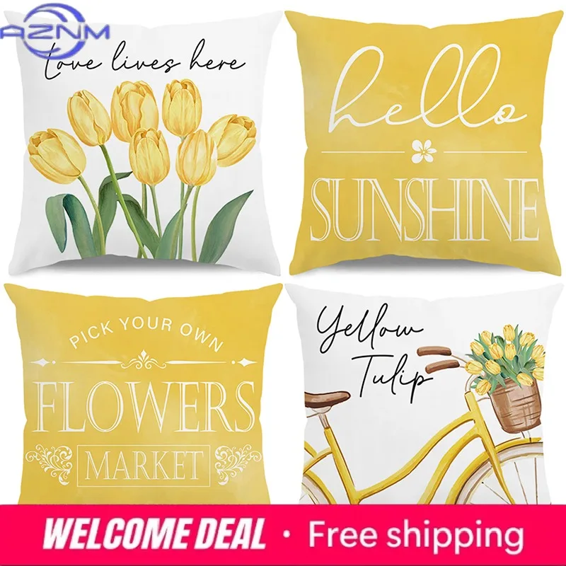 Yellow Tulip Bicycle And Hello Sunshine Pillows Polyester pillowcase, sofa decorative cushion cov Headboard Pillow