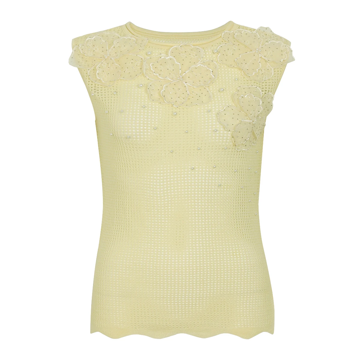 26172 Women Summer Autumn Heavy Craft 3D Floral Hot Stamping Sleeveless Knit Top Versatile Daily Ladies Fashion Top